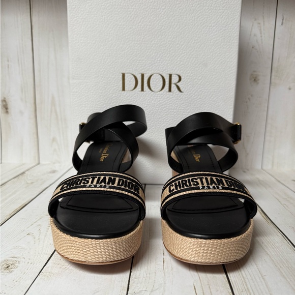 Christian Dior Calfskin Raffia Embroidered Dway Platform Sandals Sz 38.5 / 8.5 - Picture 7 of 16